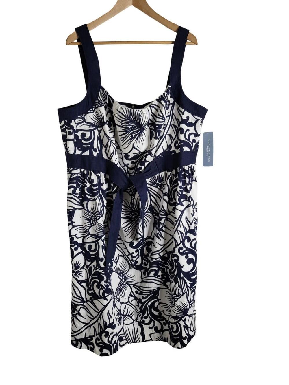 London Times White Navy Floral Print Dress Cotton Wide Strap Empire Waist Sz 22W